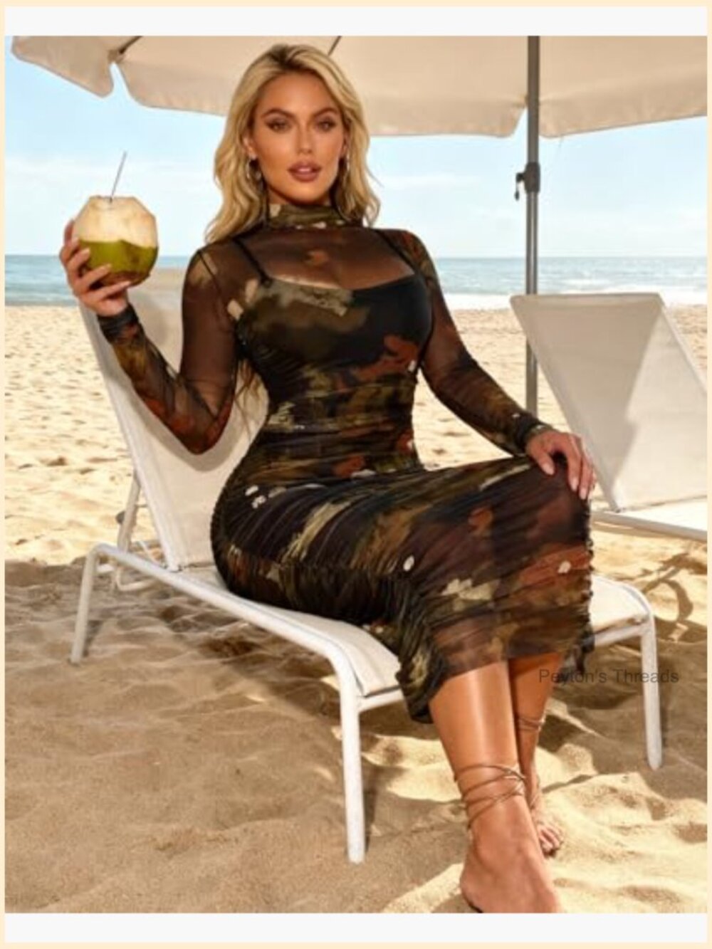 Sexy Long Sleeve Printed Sheer Mesh Bodycon Midi Dress Party Clubwear - Picture 3 of 6